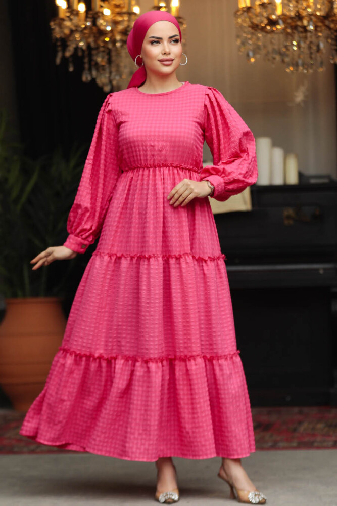 Neva Style - Kat Piliseli Fuşya Tesettür Elbise 3033F - 3