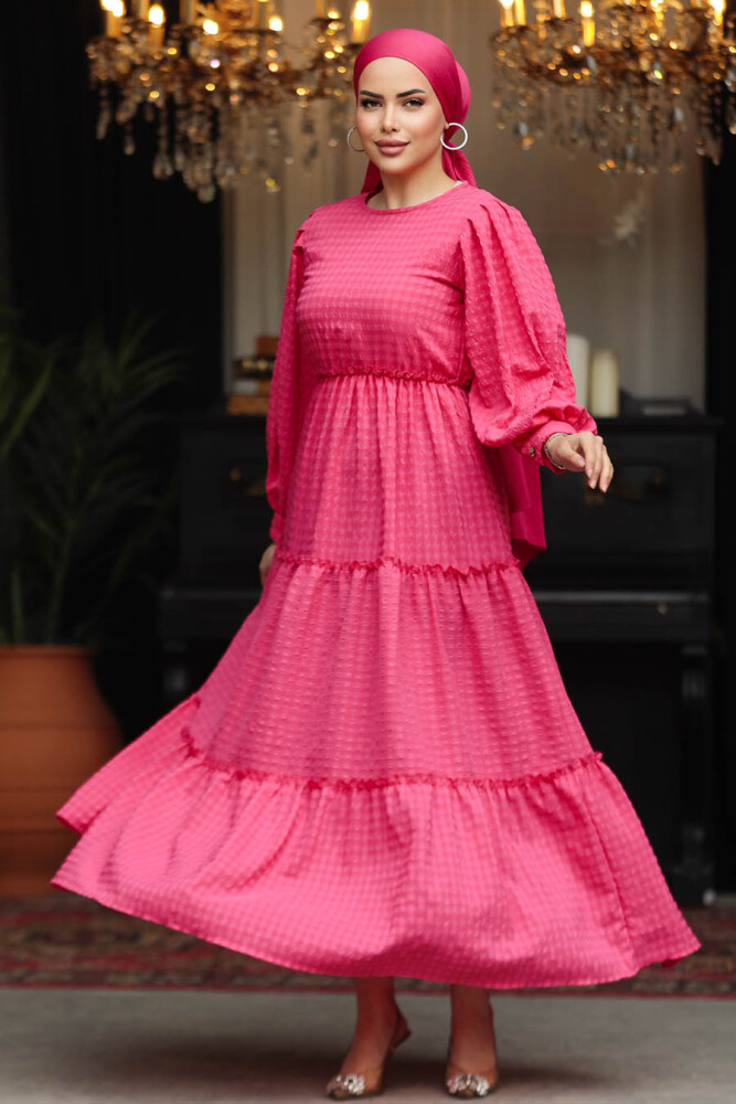 Neva Style - Kat Piliseli Fuşya Tesettür Elbise 3033F - 4