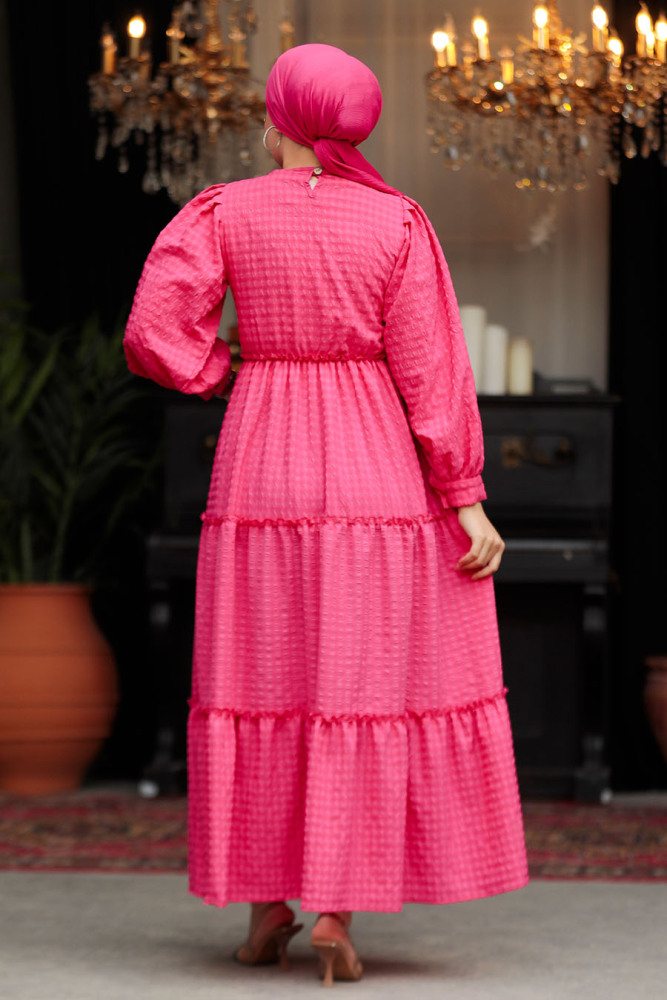 Neva Style - Kat Piliseli Fuşya Tesettür Elbise 3033F - 5