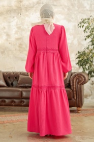 Neva Style - Kat Piliseli Fuşya Tesettür Elbise 5856F - Thumbnail