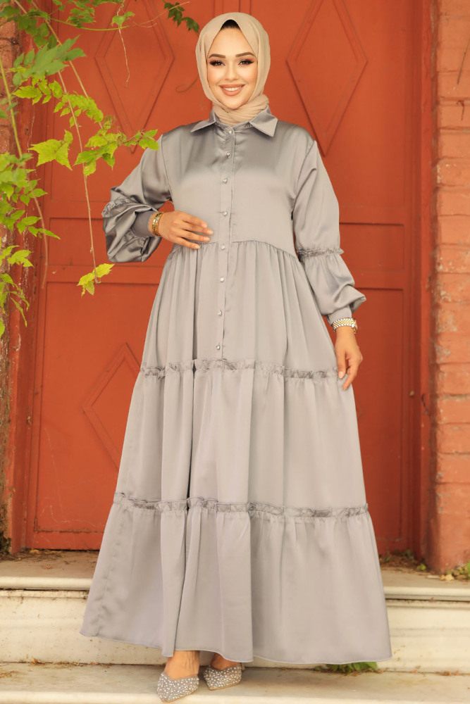 Neva Style - Kat Piliseli Gri Tesettür Elbise 5884GR - 1