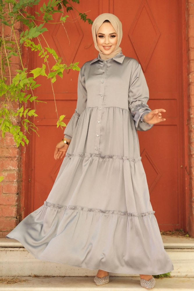 Neva Style - Kat Piliseli Gri Tesettür Elbise 5884GR - 2