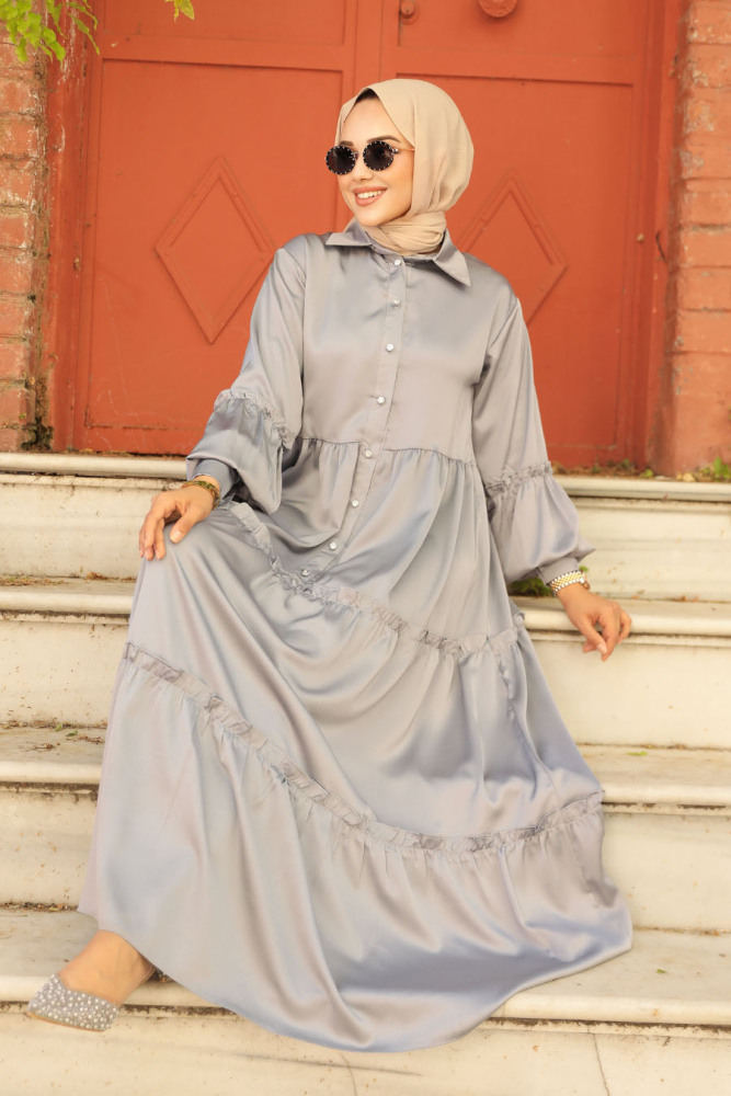 Neva Style - Kat Piliseli Gri Tesettür Elbise 5884GR - 3