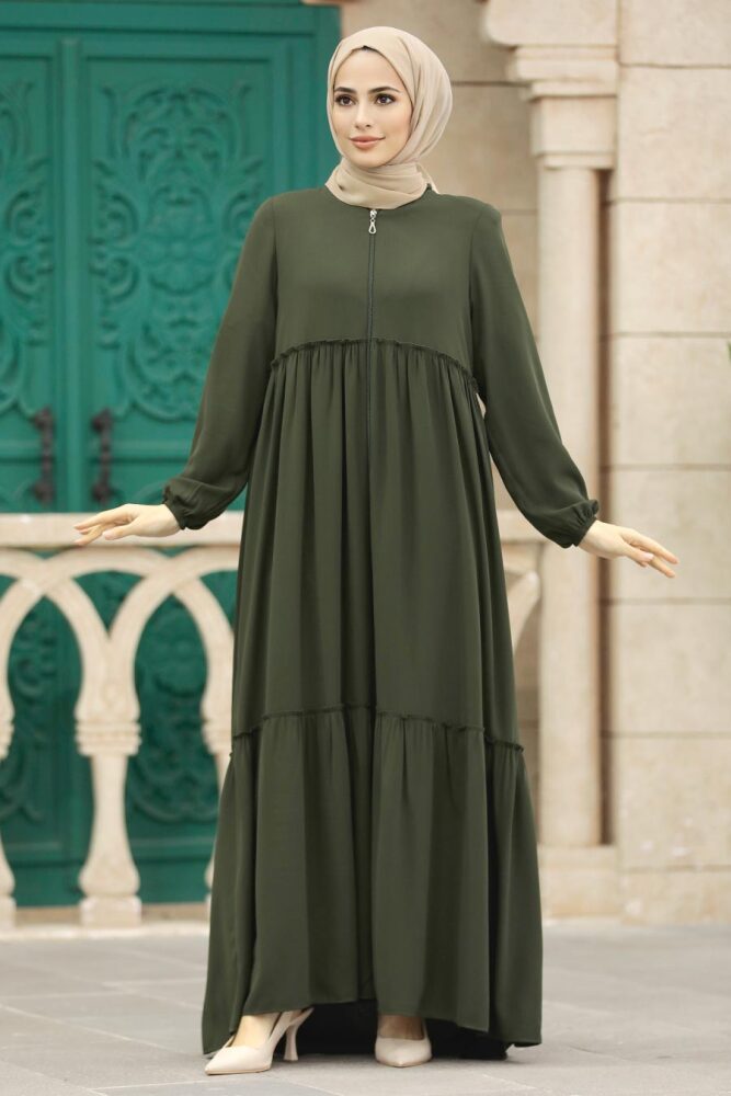 Neva Style - Kat Piliseli Haki Tesettür Rabia Krep Ferace 615HK - 1