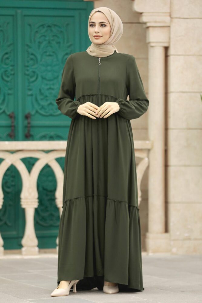 Neva Style - Kat Piliseli Haki Tesettür Rabia Krep Ferace 615HK - 3