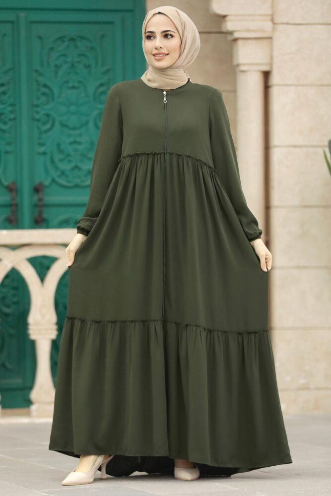 Neva Style - Kat Piliseli Haki Tesettür Rabia Krep Ferace 615HK - 2