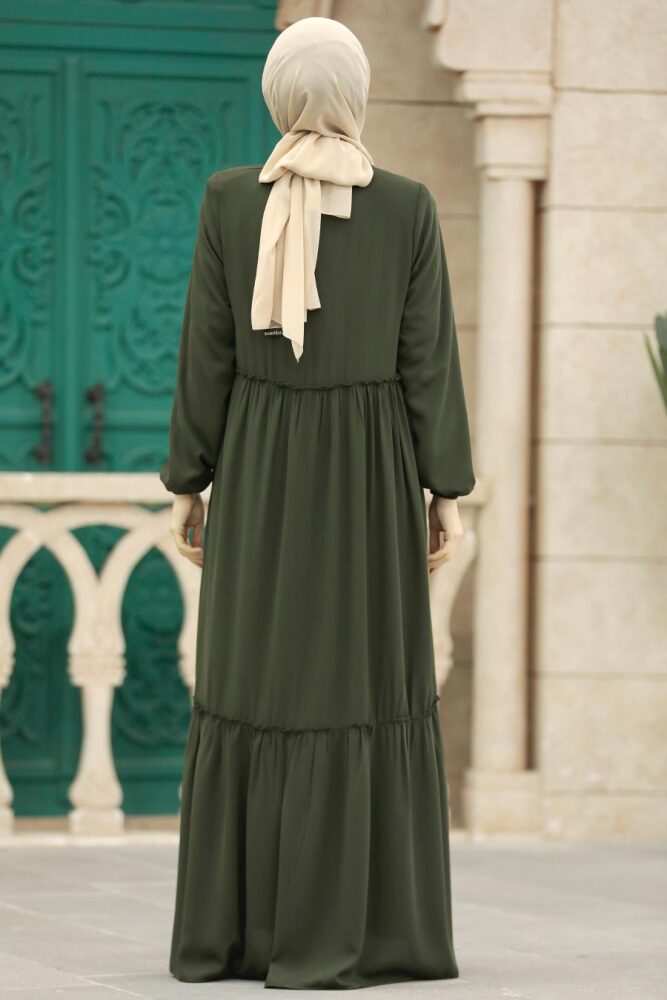 Neva Style - Kat Piliseli Haki Tesettür Rabia Krep Ferace 615HK - 4