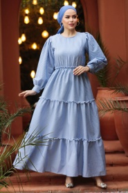 Neva Style - Kat Piliseli İndigo Mavisi Tesettür Elbise 30252IM - Thumbnail