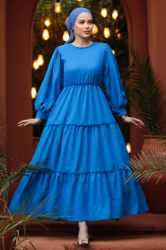 Neva Style - Kat Piliseli İndigo Mavisi Tesettür Elbise 3033IM - Thumbnail