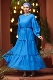 Neva Style - Kat Piliseli İndigo Mavisi Tesettür Elbise 3033IM - Thumbnail