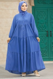 Neva Style - Kat Piliseli İndigo Mavisi Tesettür Elbise 65872IM - Thumbnail