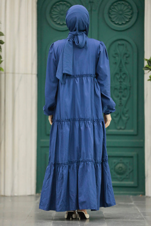 Neva Style - Kat Piliseli İndigo Mavisi Tesettür Poplin Elbise 57342IM - 4