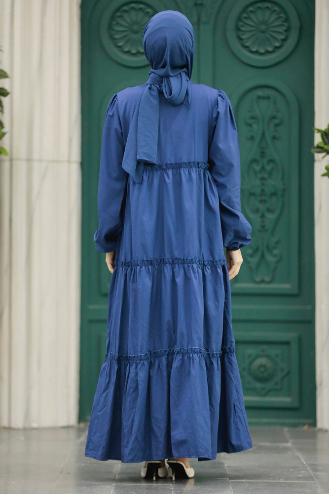 Neva Style - Kat Piliseli İndigo Mavisi Tesettür Poplin Elbise 57342IM - 4