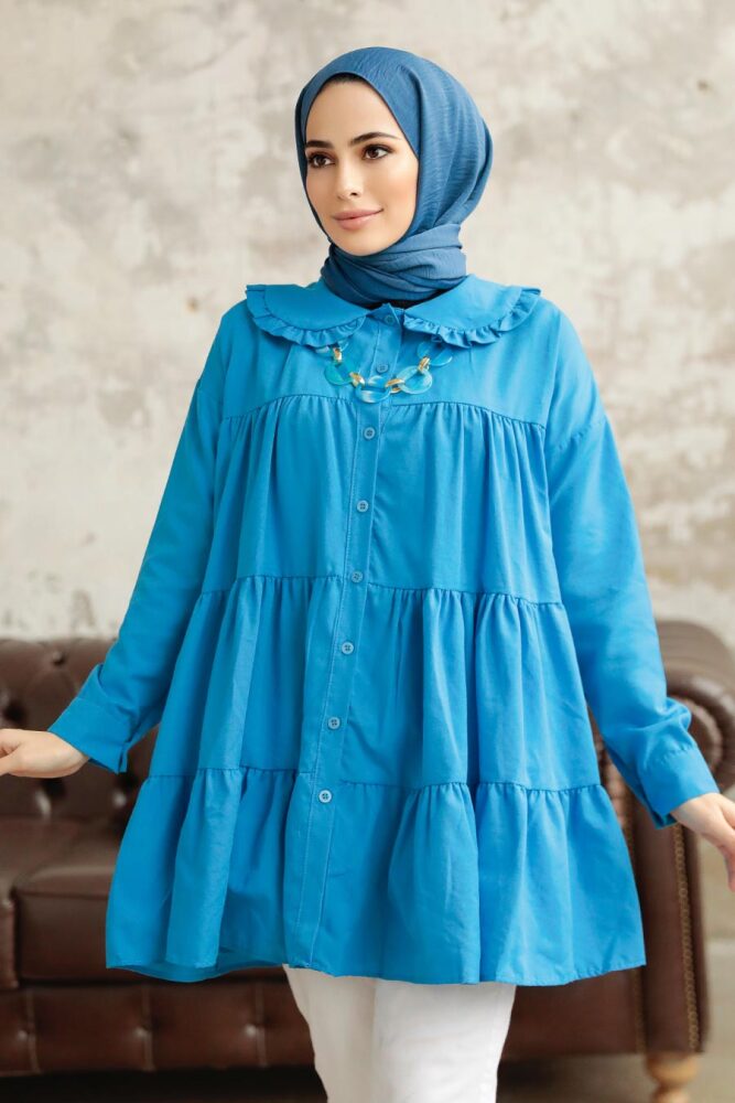 Neva Style - Kat Piliseli İndigo Mavisi Tesettür Tunik 11281IM - NEVA STYLE