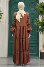 Neva Style - Kat Piliseli Kahverengi Tesettür Elbise 5884KH - Thumbnail