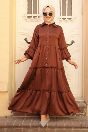 Neva Style - Kat Piliseli Kahverengi Tesettür Elbise 5884KH - 1