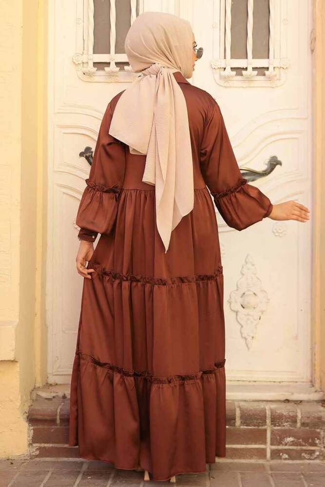 Neva Style - Kat Piliseli Kahverengi Tesettür Elbise 5884KH - 2