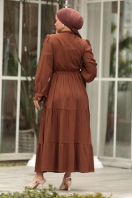 Neva Style - Kat Piliseli Kahverengi Tesettür Elbise 617KH - Thumbnail