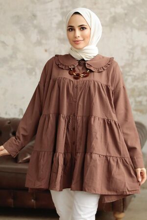 Neva Style - Kat Piliseli Kahverengi Tesettür Tunik 11281KH - NEVA STYLE