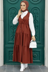 Neva Style - Kat Piliseli Koyu Kiremit Tesettür Jile Elbise 577KKRMT - Thumbnail