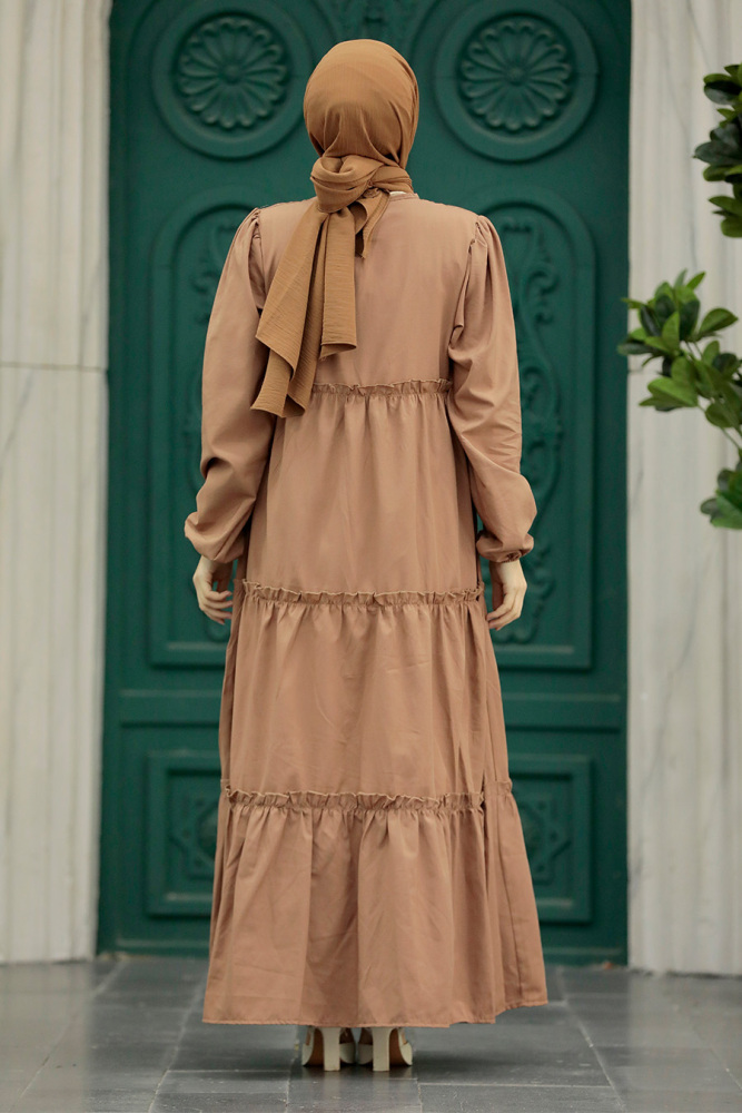 Neva Style - Kat Piliseli Koyu Vizon Tesettür Poplin Elbise 57342KV - 4