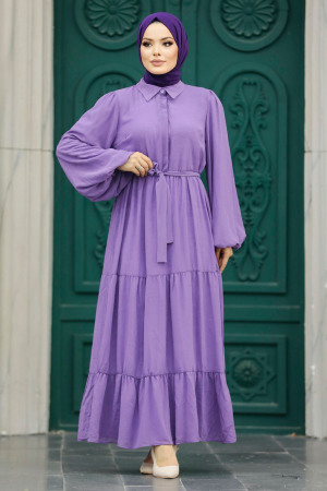  Kat Piliseli Lila Tesettür Elbise 1929LILA - 2