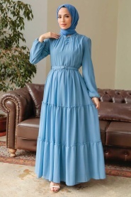 Neva Style - Kat Piliseli Mavi Tesettür Elbise 57250M - Thumbnail
