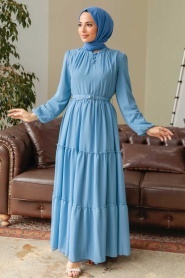Neva Style - Kat Piliseli Mavi Tesettür Elbise 57250M - Thumbnail