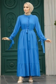 Neva Style - Kat Piliseli Mavi Tesettür Elbise 617M - Thumbnail