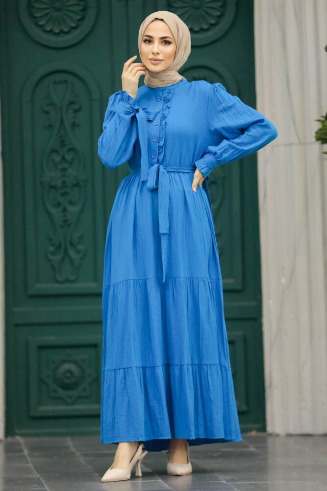  Kat Piliseli Mavi Tesettür Elbise 617M - 2