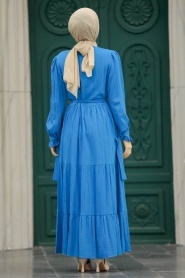 Neva Style - Kat Piliseli Mavi Tesettür Elbise 617M - Thumbnail