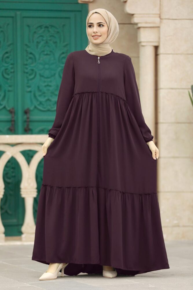 Neva Style - Kat Piliseli Mürdüm Tesettür Rabia Krep Ferace 615MU - 1
