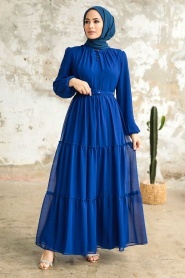 Neva Style - Kat Piliseli Sax Mavisi Tesettür Elbise 57250SX - Thumbnail