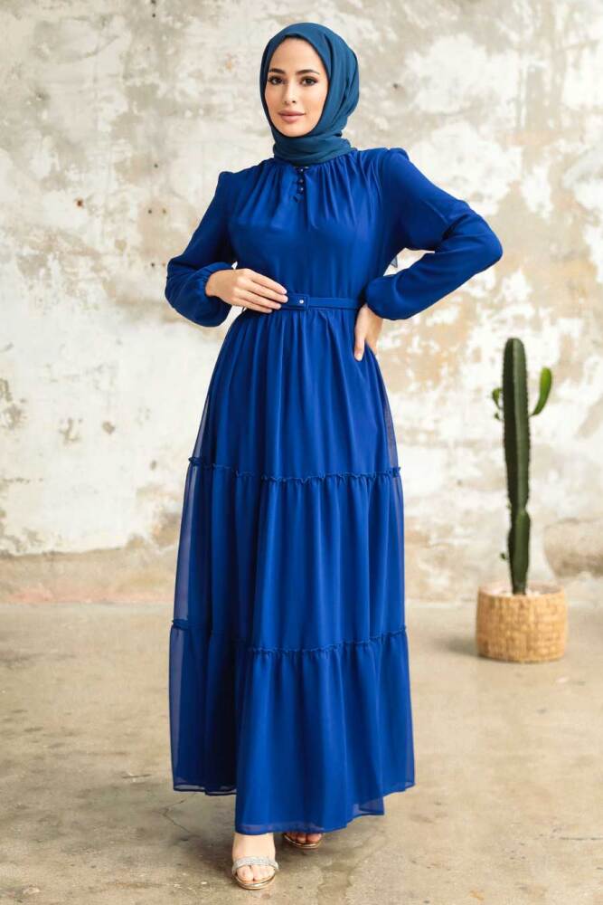 Neva Style - Kat Piliseli Sax Mavisi Tesettür Elbise 57250SX - 2