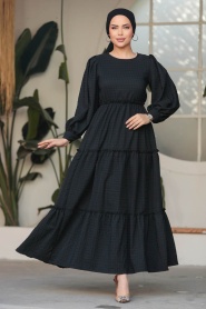 Neva Style - Kat Piliseli Siyah Tesettür Elbise 3033S - Thumbnail