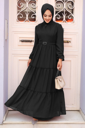 Neva Style - Kat Piliseli Siyah Tesettür Elbise 57250S - 1