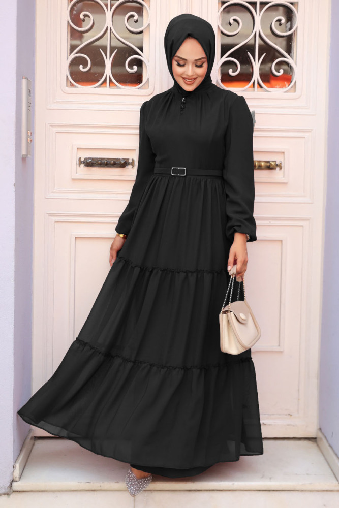 Neva Style - Kat Piliseli Siyah Tesettür Elbise 57250S - 1