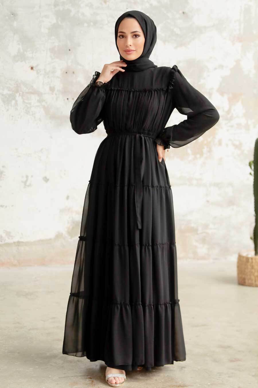 Neva Style - Kat Piliseli Siyah Tesettür Elbise 57970S