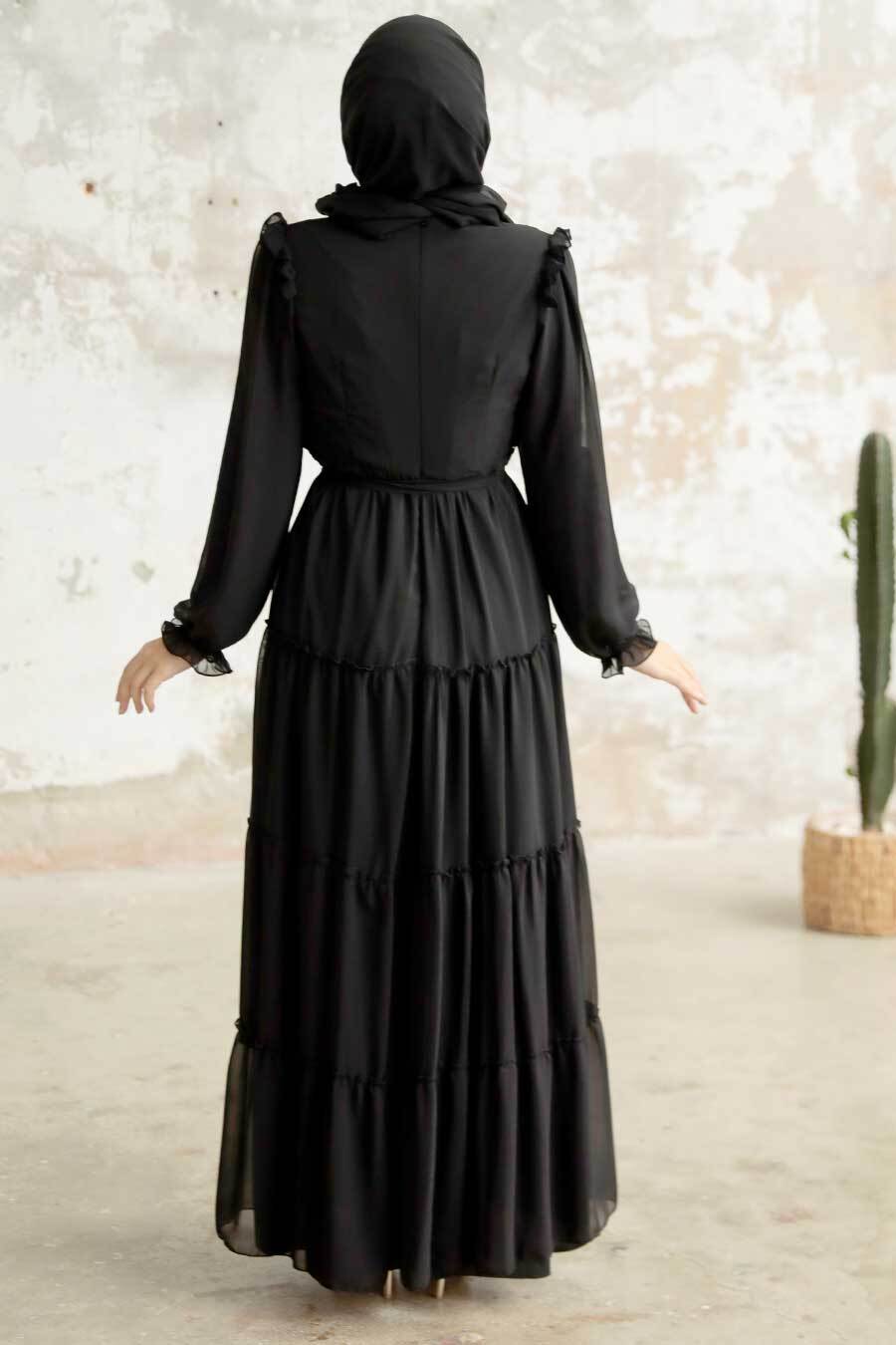 Neva Style - Kat Piliseli Siyah Tesettür Elbise 57970S