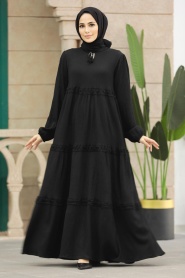 Neva Style - Kat Piliseli Siyah Tesettür Elbise 5842S - Thumbnail