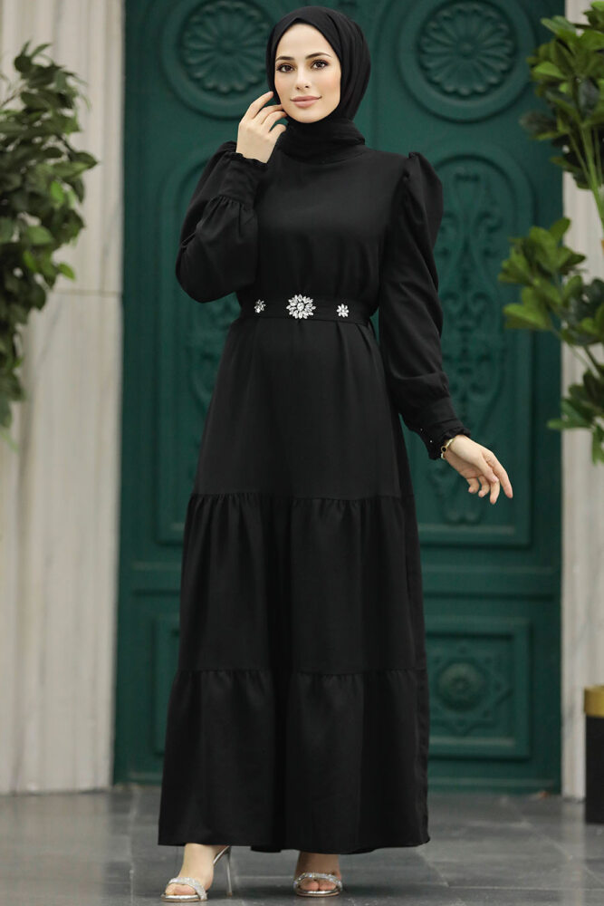 Neva Style - Kat Piliseli Siyah Tesettür Elbise 5883S - 2