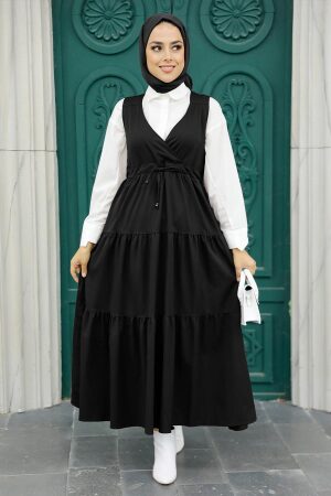 Neva Style - Kat Piliseli Siyah Tesettür Jile Elbise 577S - 1