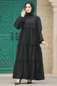 Neva Style - Kat Piliseli Siyah Tesettür Poplin Elbise 57342S - Thumbnail