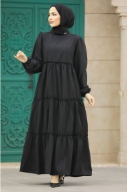 Neva Style - Kat Piliseli Siyah Tesettür Poplin Elbise 57342S - Thumbnail