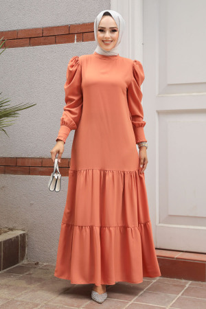 Neva Style - Kat Piliseli Somon Tesettür Elbise 5883SMN - 2