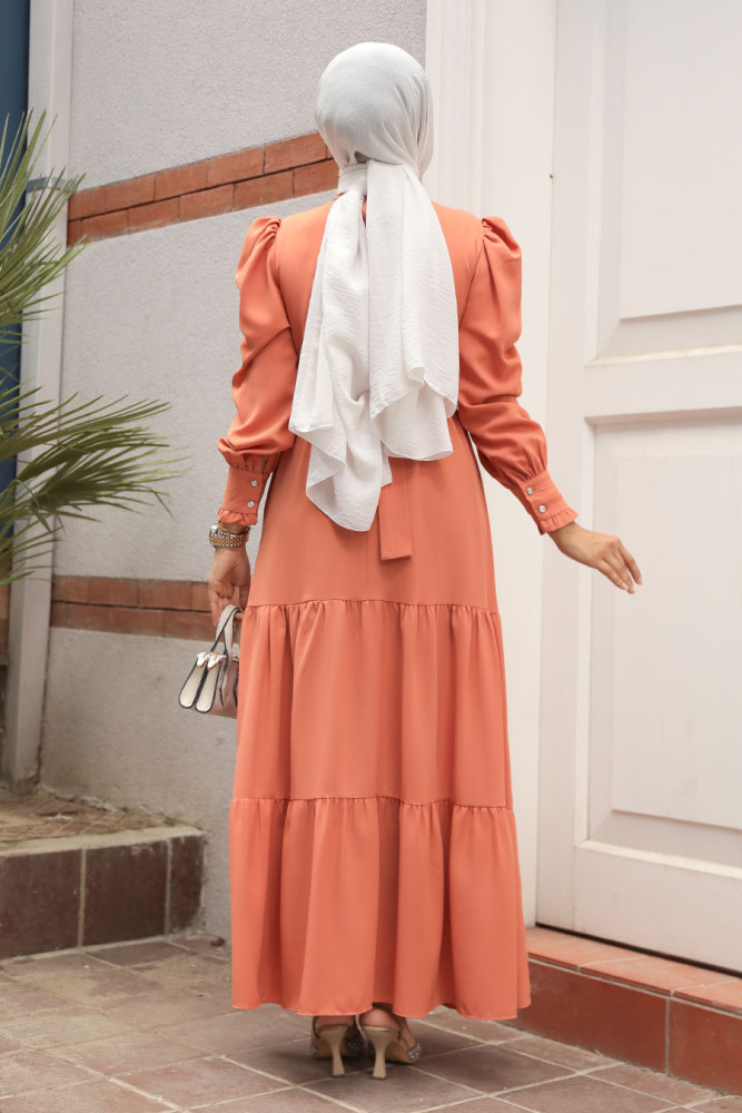 Neva Style - Kat Piliseli Somon Tesettür Elbise 5883SMN - 3