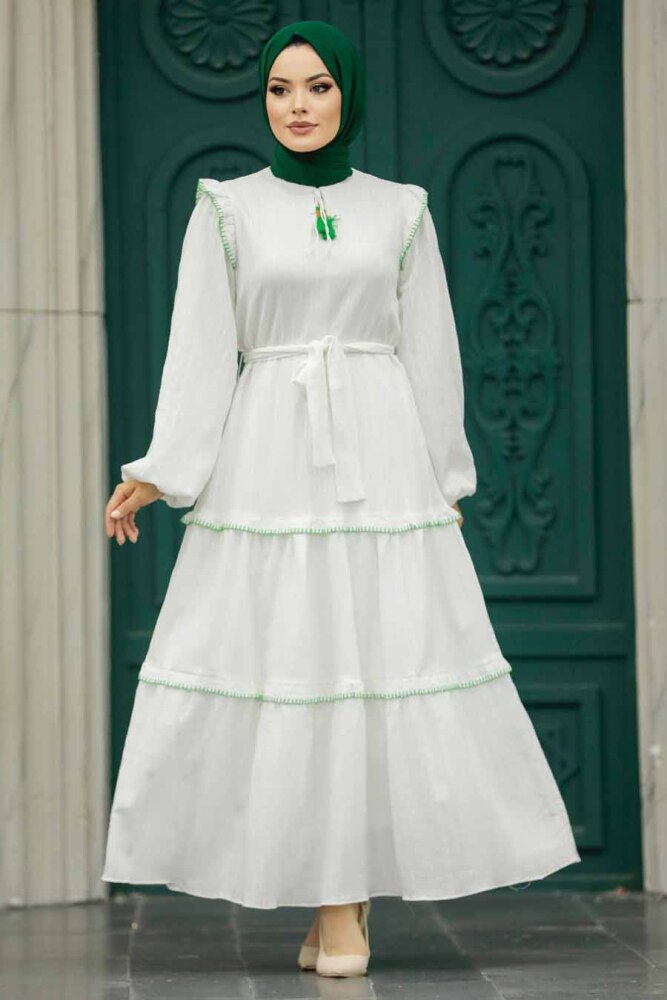 Neva Style - Kat Piliseli Yeşil Tesettür Elbise 13471Y - 1