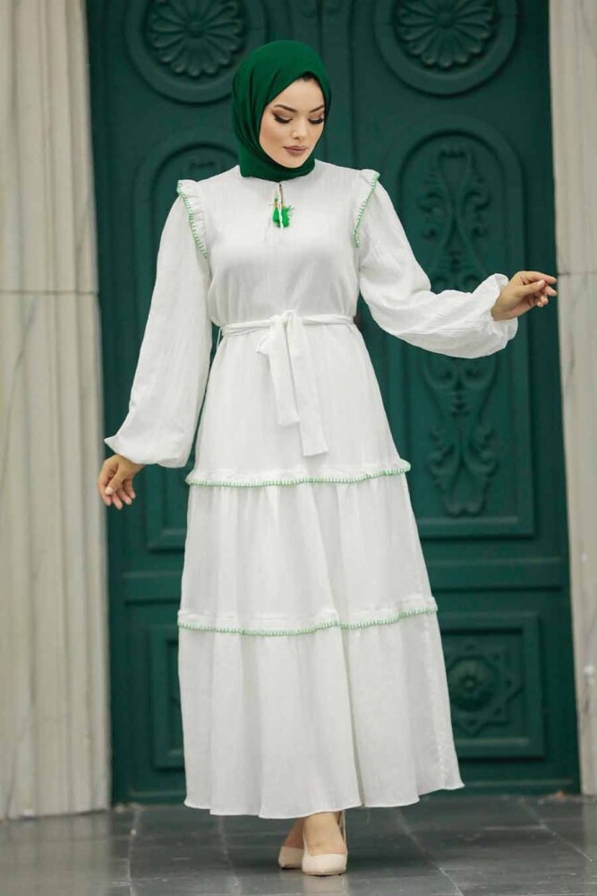 Neva Style - Kat Piliseli Yeşil Tesettür Elbise 13471Y - 2