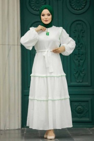 Neva Style - Kat Piliseli Yeşil Tesettür Elbise 13471Y - Thumbnail
