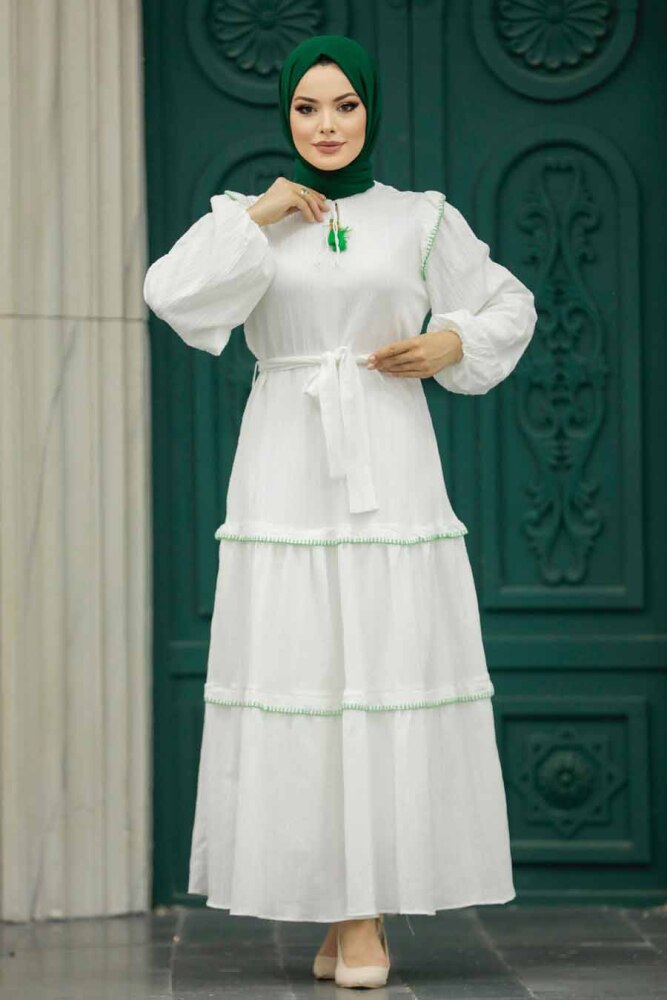 Neva Style - Kat Piliseli Yeşil Tesettür Elbise 13471Y - 3